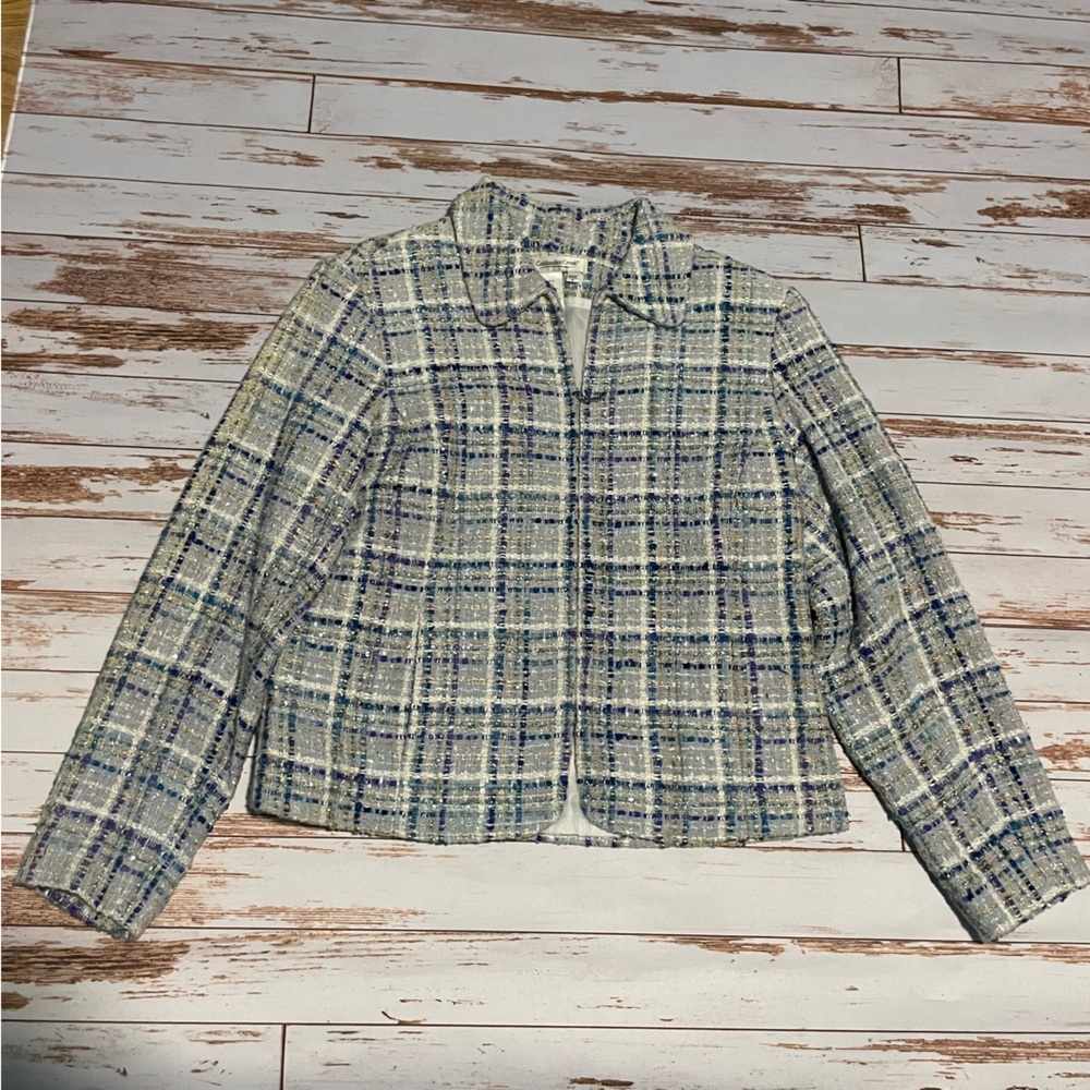 Coldwater Creek Silk Tweed Plaid Knit Blazer Jacket Coat